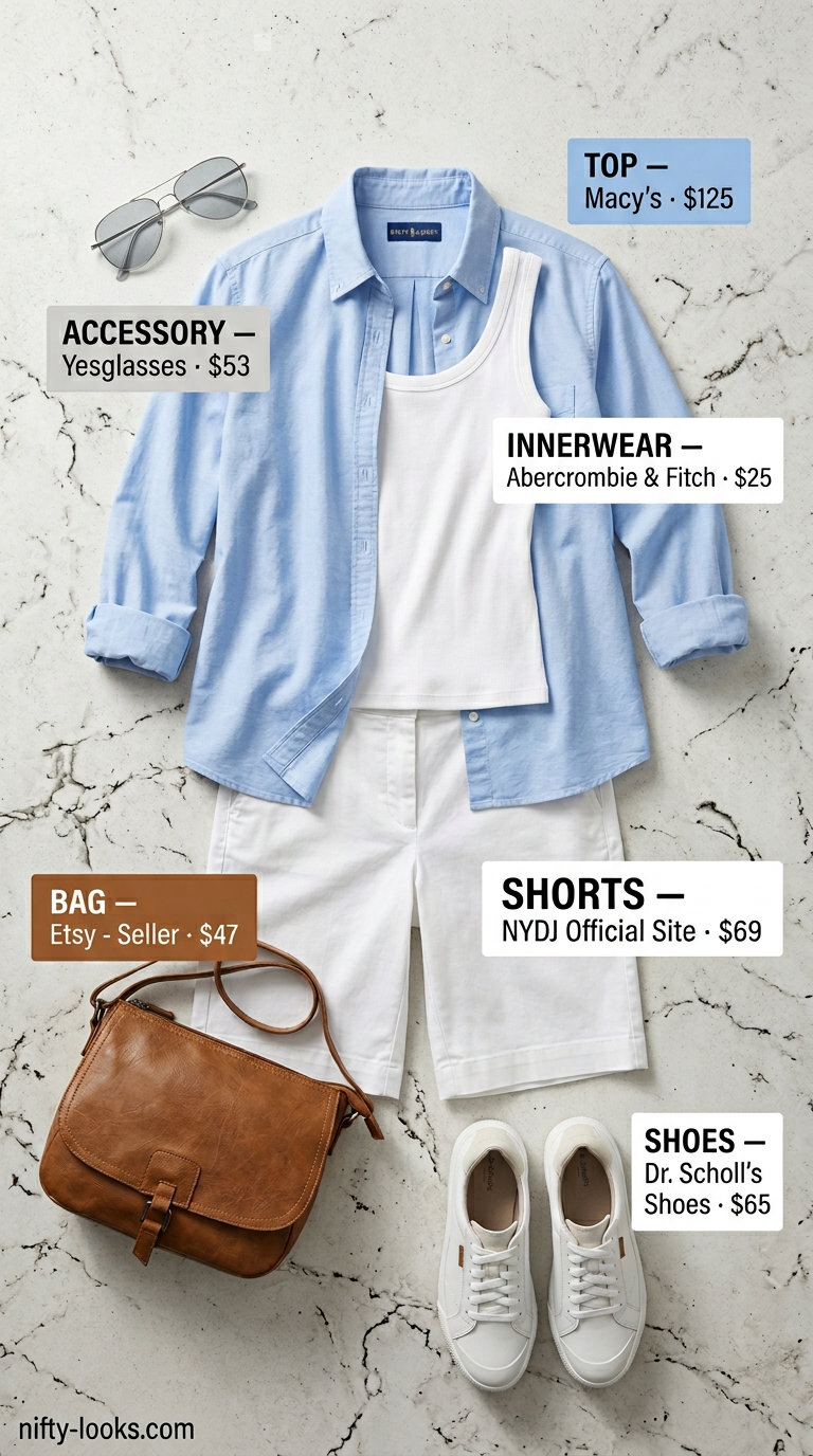 Breezy summer outfit for women over 60 2026: White shorts, sky blue shirt, white camisole, white sneakers, silver sunglasses, tan bag.