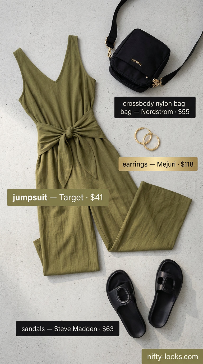Breezy summer outfit for women over 60 2026: Olive green jumpsuit, black slides, black bag, gold earrings for travel.