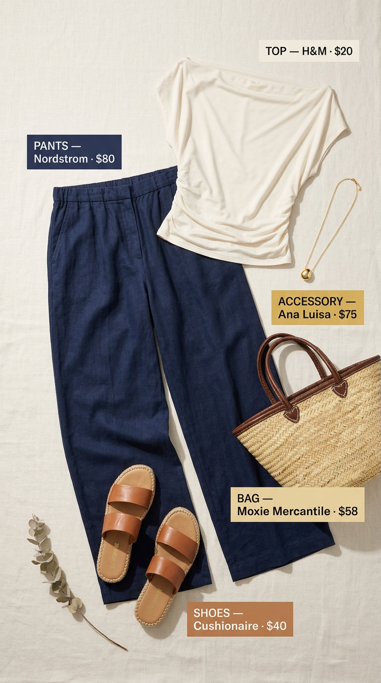 Breezy summer outfit for women over 60 2026: Navy linen pants, cream top, tan espadrilles, gold necklace, straw tote for seaside.