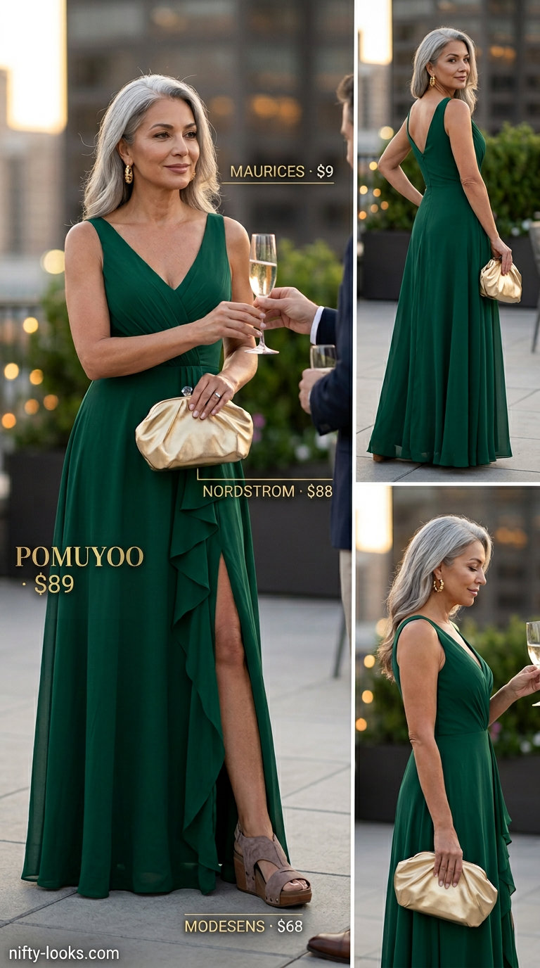 Breezy summer outfit for women over 60 2026: Emerald green maxi dress, bronze sandals, gold earrings, and metallic clutch for a sunset cruise.