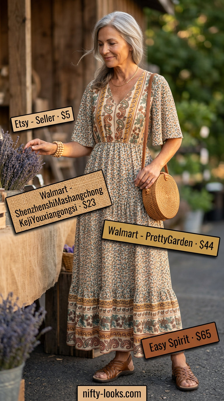 Breezy summer outfit for women over 60 2026: Earthy floral maxi dress, leather sandals, straw bag for sunset evenings.