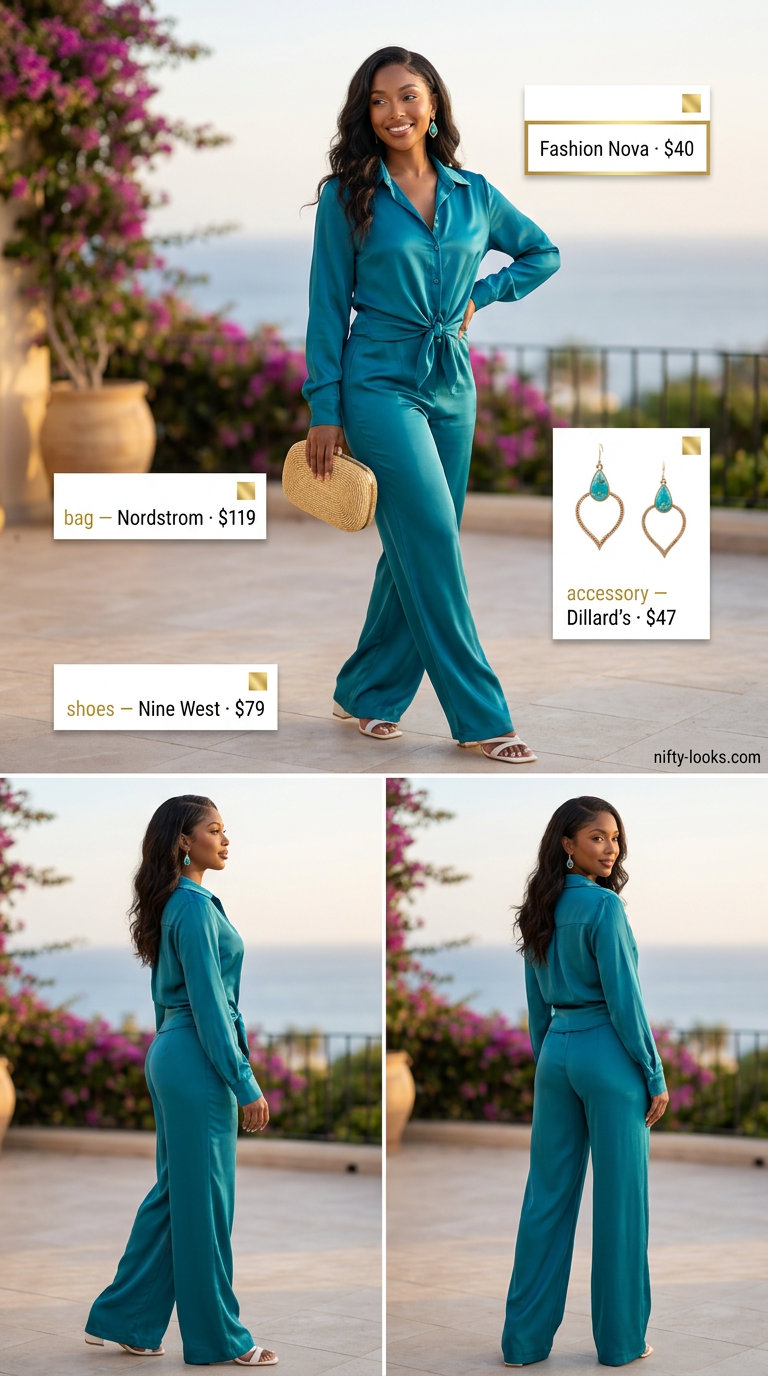 Breezy summer outfit for women over 60 2026: Turquoise linen matching set, ivory slides, gold statement earrings.