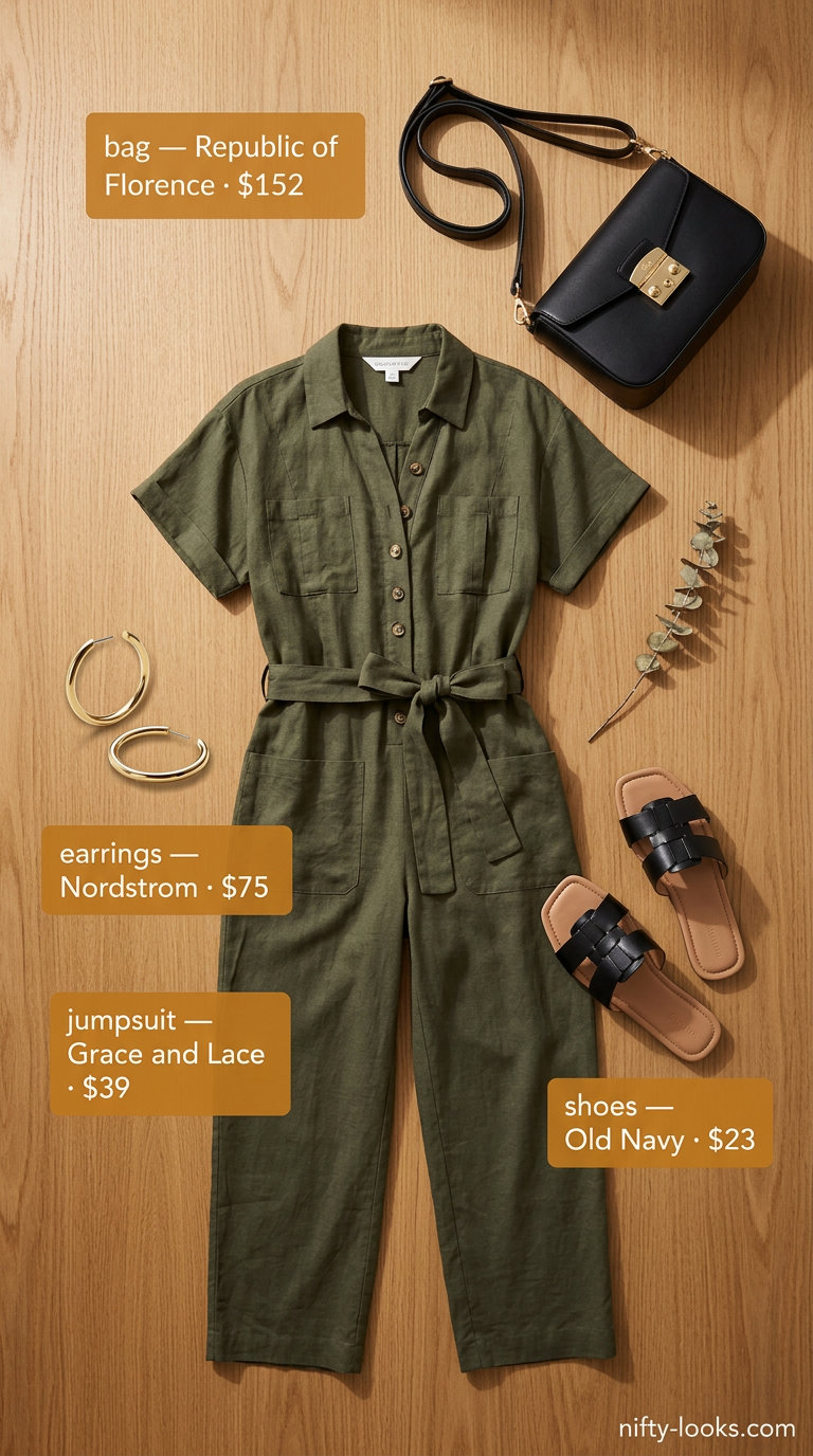 Breezy summer outfit for women over 60 2026: Olive green utility jumpsuit, black slides, gold hoops for a casual day out.