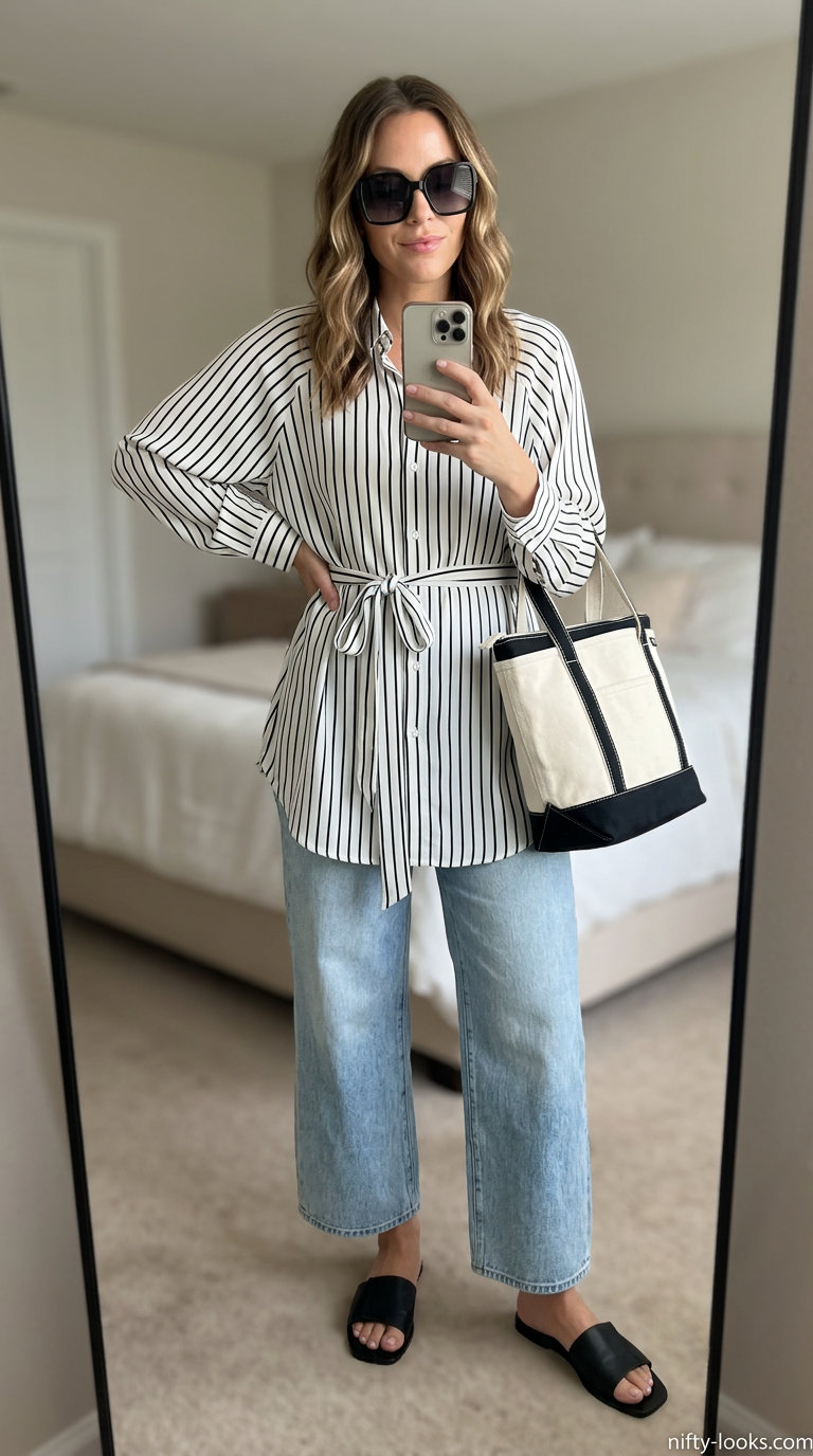 Breezy summer outfit for women over 60 2026: Light wash wide-leg jeans, striped tunic, black slides for weekend casual.