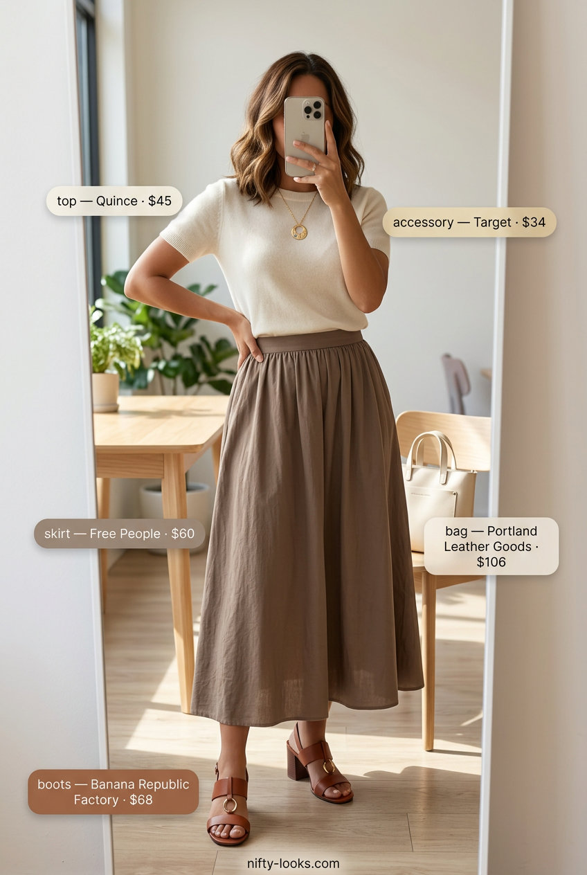 Monochrome midi skirt outfit for summer brunch 2026: beige skirt, cream top, tan sandals, and crossbody bag.