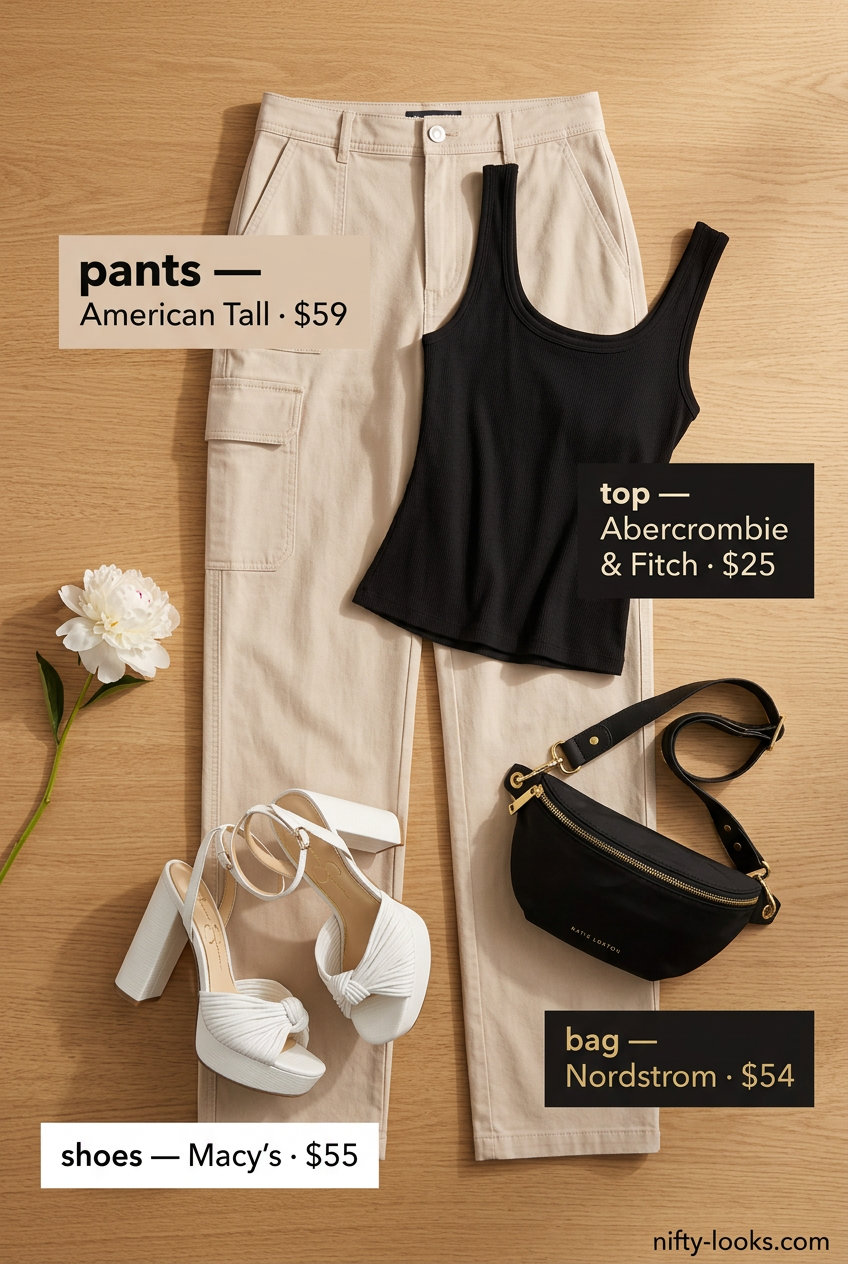 Cool summer brunch outfits for women 2026: cargo pants, ribbed tank, chunky sandals, and belt bag.