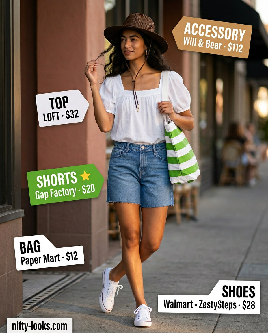 Casual summer brunch outfit for women 2026: denim shorts, puff-sleeve blouse, straw hat, and tote bag.