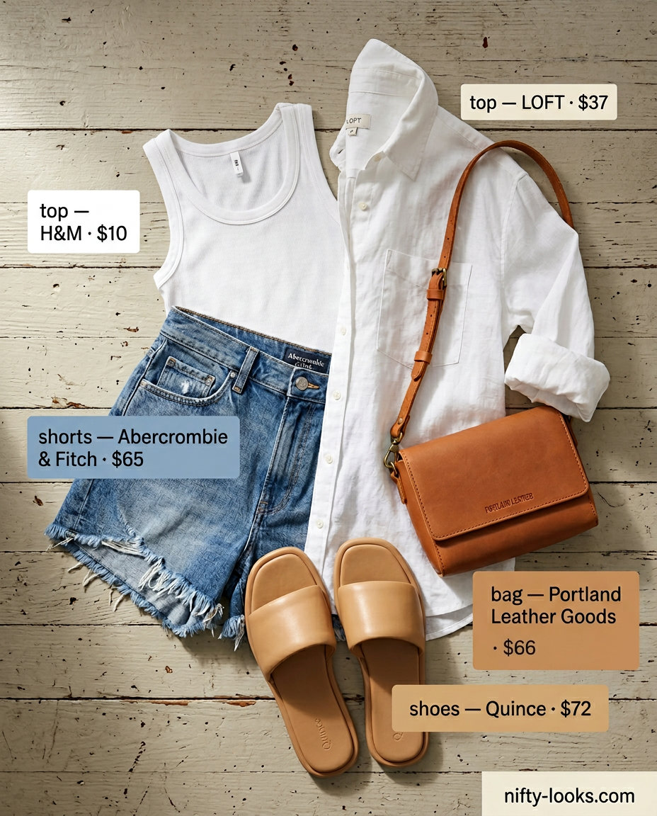 Casual denim shorts outfit for summer brunch date outfits women 2026. Ribbed tank, oversized linen shirt, tan slides.