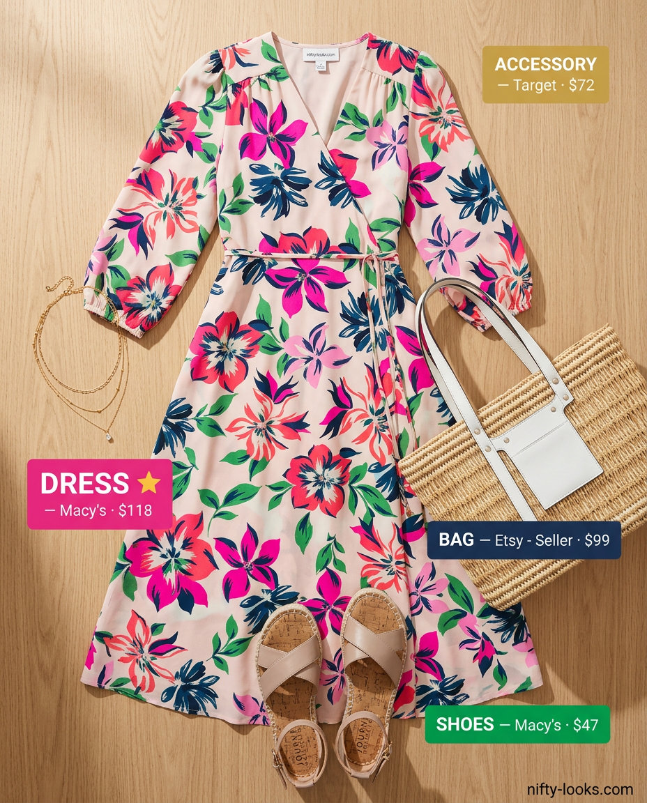 Floral midi dress for summer brunch 2026, with espadrilles, straw tote, and layered necklaces.
