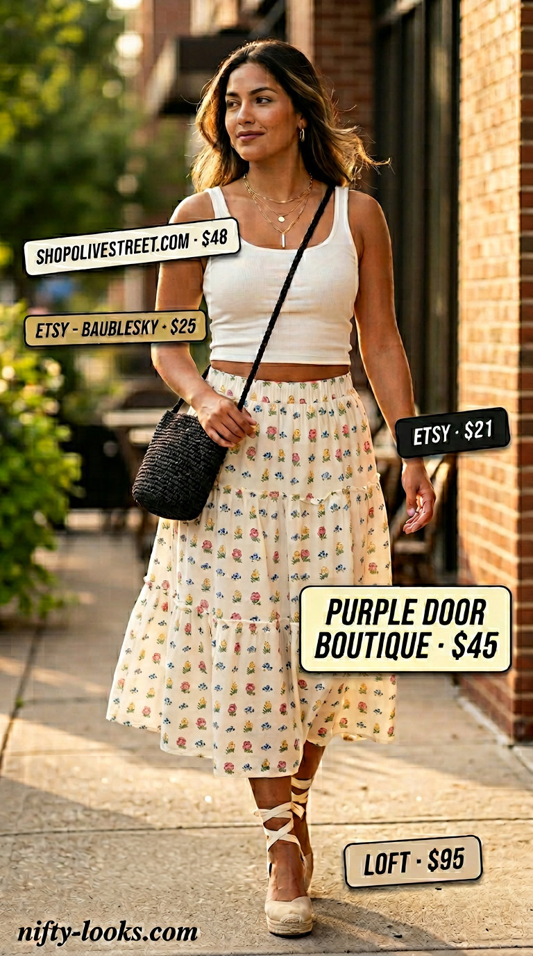 Floral midi skirt outfit for summer brunch date outfits women 2026. Ditsy print skirt, ribbed tank, espadrilles, straw bag.