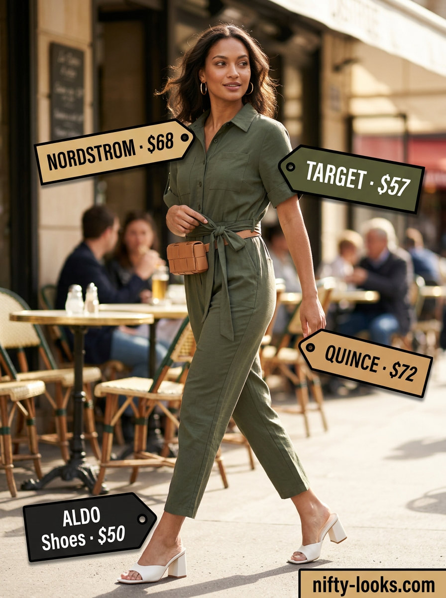 Effortless khaki utility jumpsuit for summer brunch date outfits women 2026. Style with gold hoops.