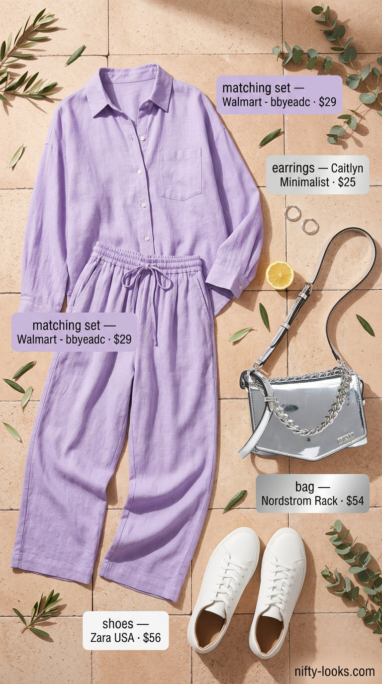 Sophisticated lavender linen set for summer brunch date outfits women 2026. Style with silver.