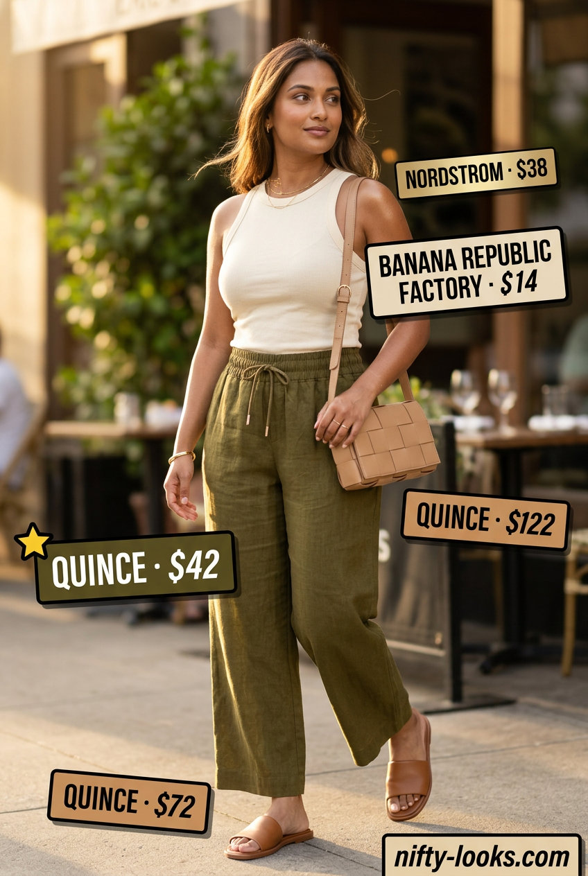 Olive green linen pants outfit for summer brunch date outfits women 2026. Wide-leg pants, ribbed tank, leather slides, bangle.