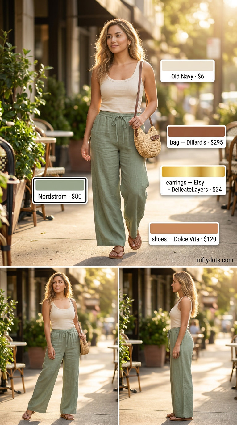 Sage green linen pants outfit for summer brunch 2026, with cream tank, straw bag, and tan sandals.