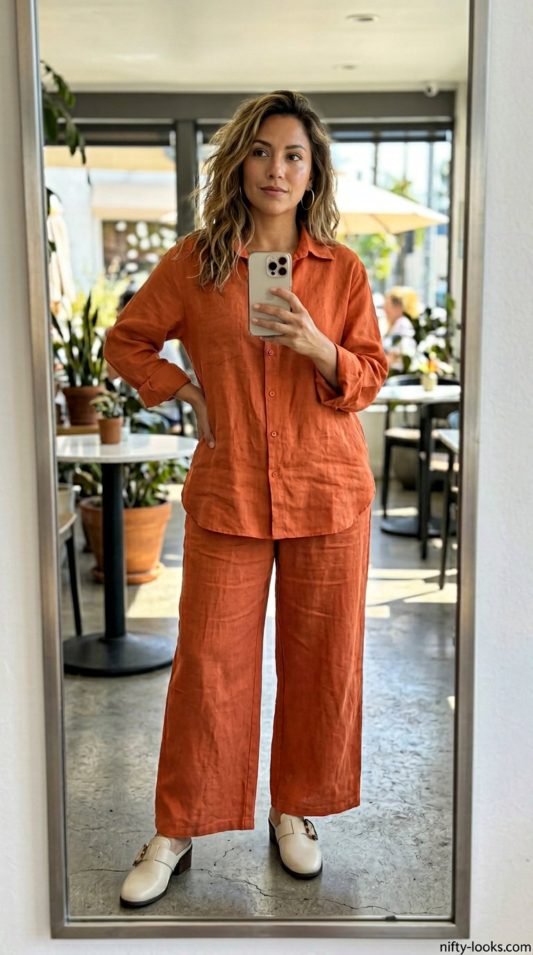 Terracotta linen set for summer brunch date outfits women 2026. Wide-leg pants, short-sleeve top, gold earrings, leather mules.