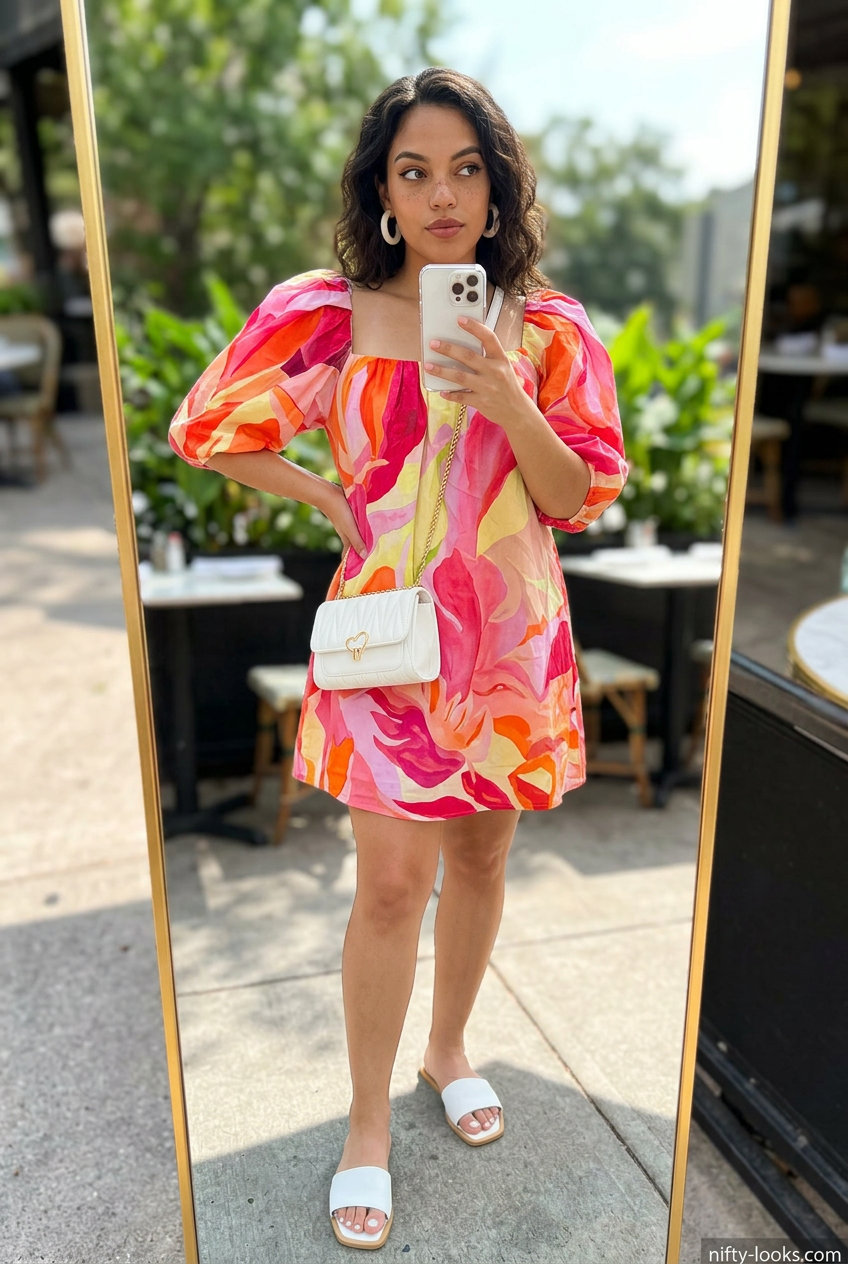 Playful pink and orange mini dress for summer brunch date outfits women 2026. Puff sleeves, flat sandals, hoop earrings.