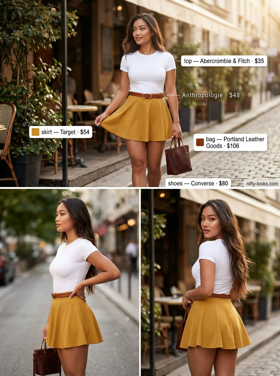 Playful mustard yellow mini skirt for summer brunch date outfits women 2026. Pair with white tee.