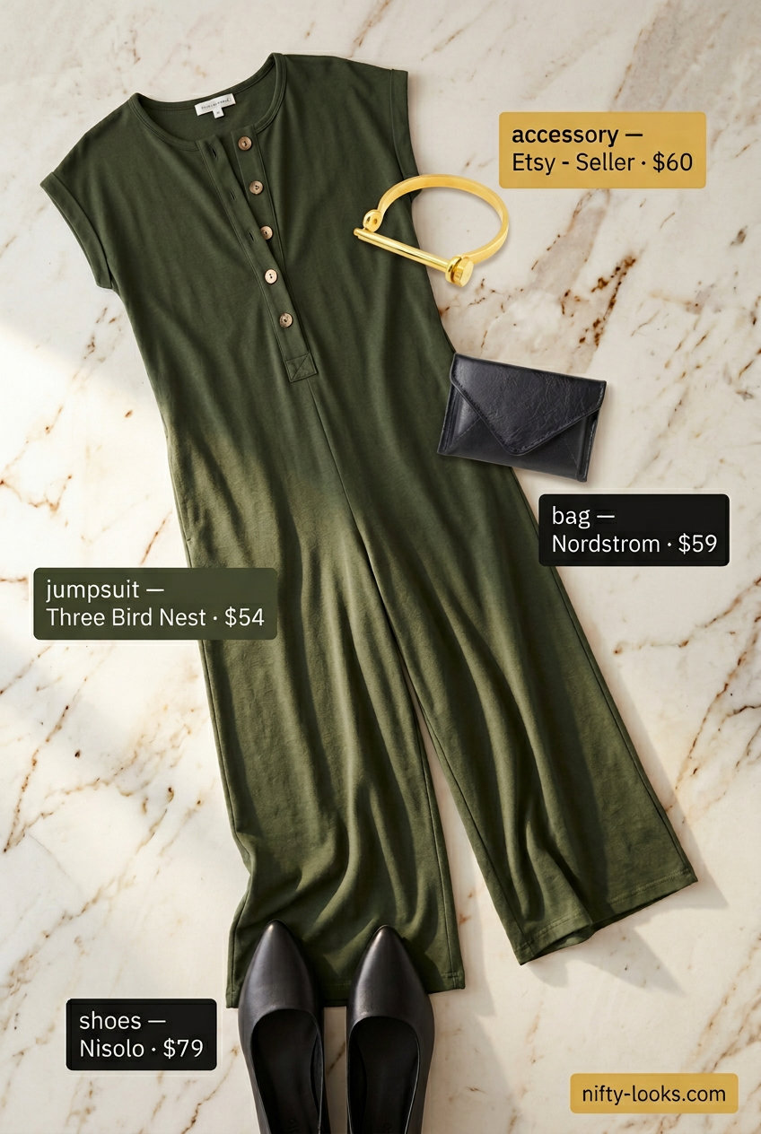 Modern minimalist jumpsuit for summer brunch 2026, in olive green with black flats and gold jewelry.