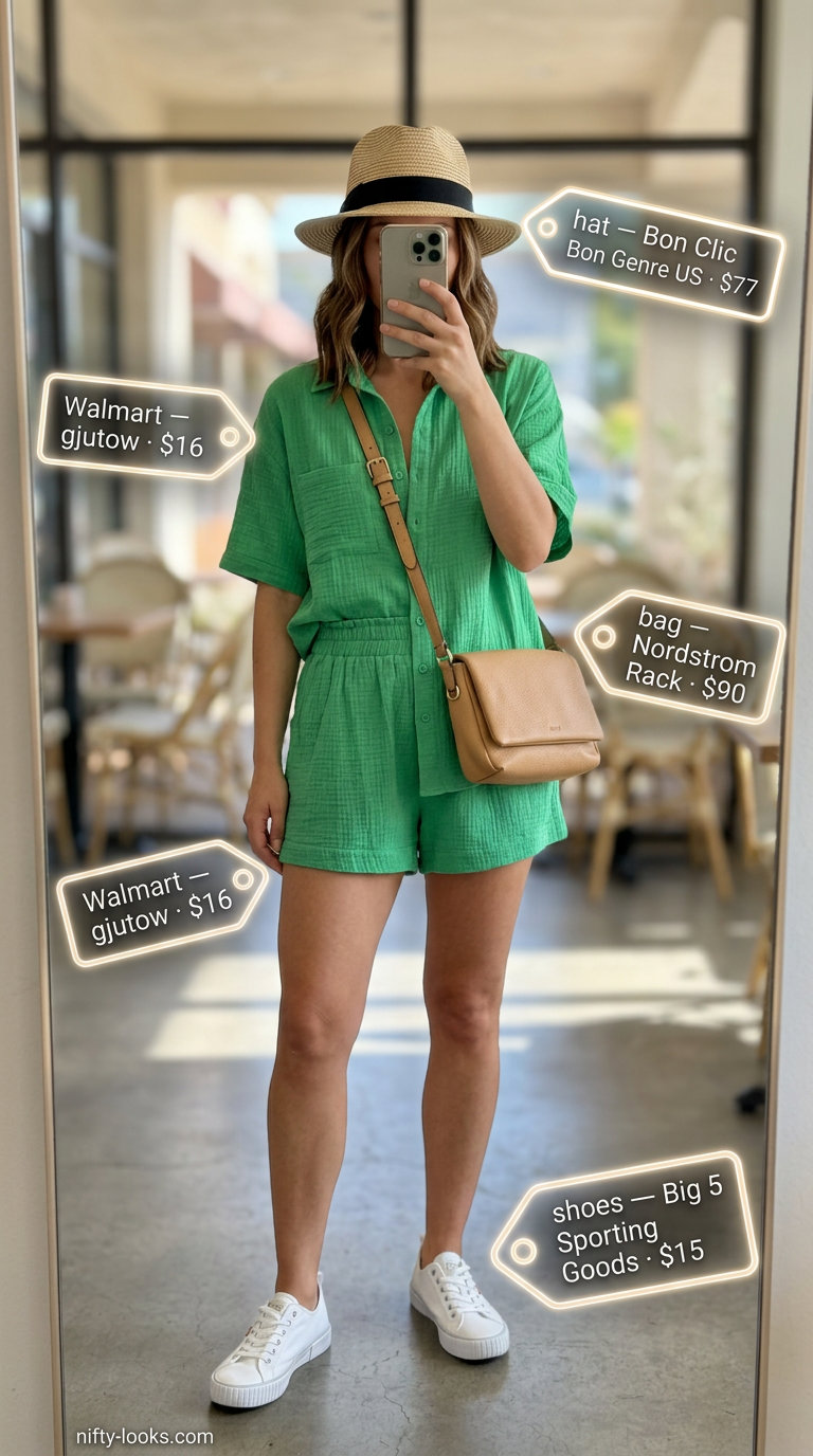 Sage green linen shorts set for casual summer brunch date outfits women 2026. Style with white sneakers.