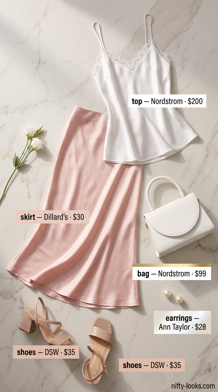 Blush pink satin skirt outfit for summer brunch date outfits women 2026. Midi skirt, silk camisole, block heels, top-handle bag.