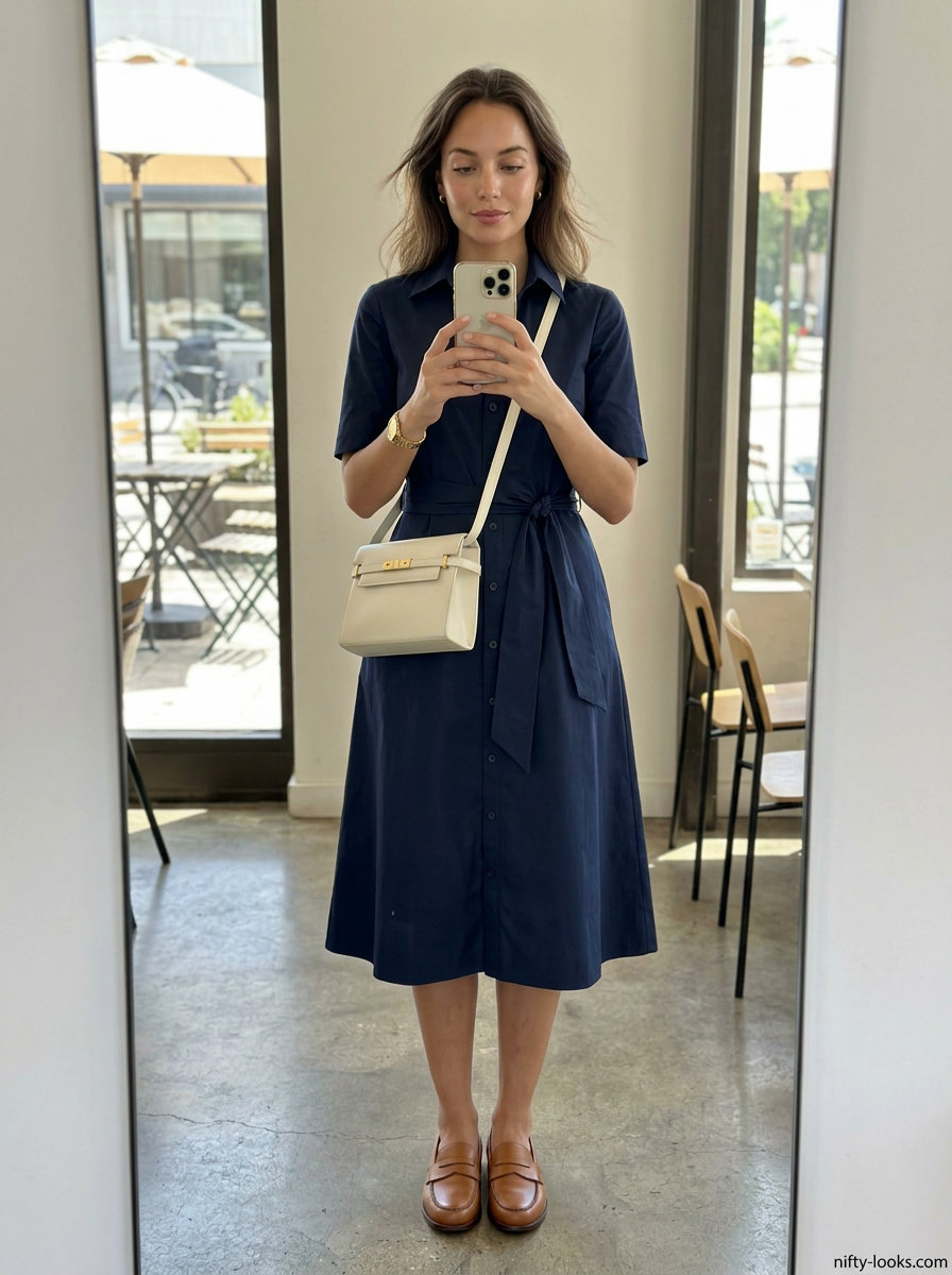 Navy shirt dress for summer brunch date outfits women 2026. Midi length, leather loafers, structured crossbody, watch.