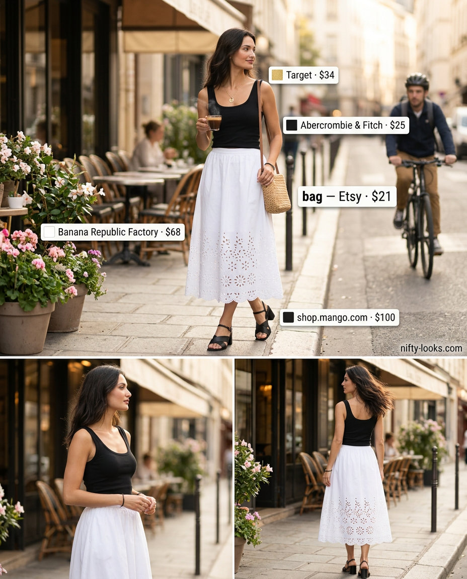 White eyelet midi skirt outfit for summer brunch 2026, with black tank, sandals, and straw bag.
