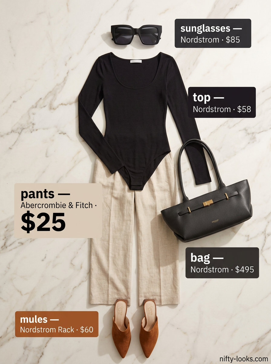Cream wide-leg trousers for summer brunch date outfits women 2026. Fluid trousers, bodysuit, suede mules, shoulder bag.