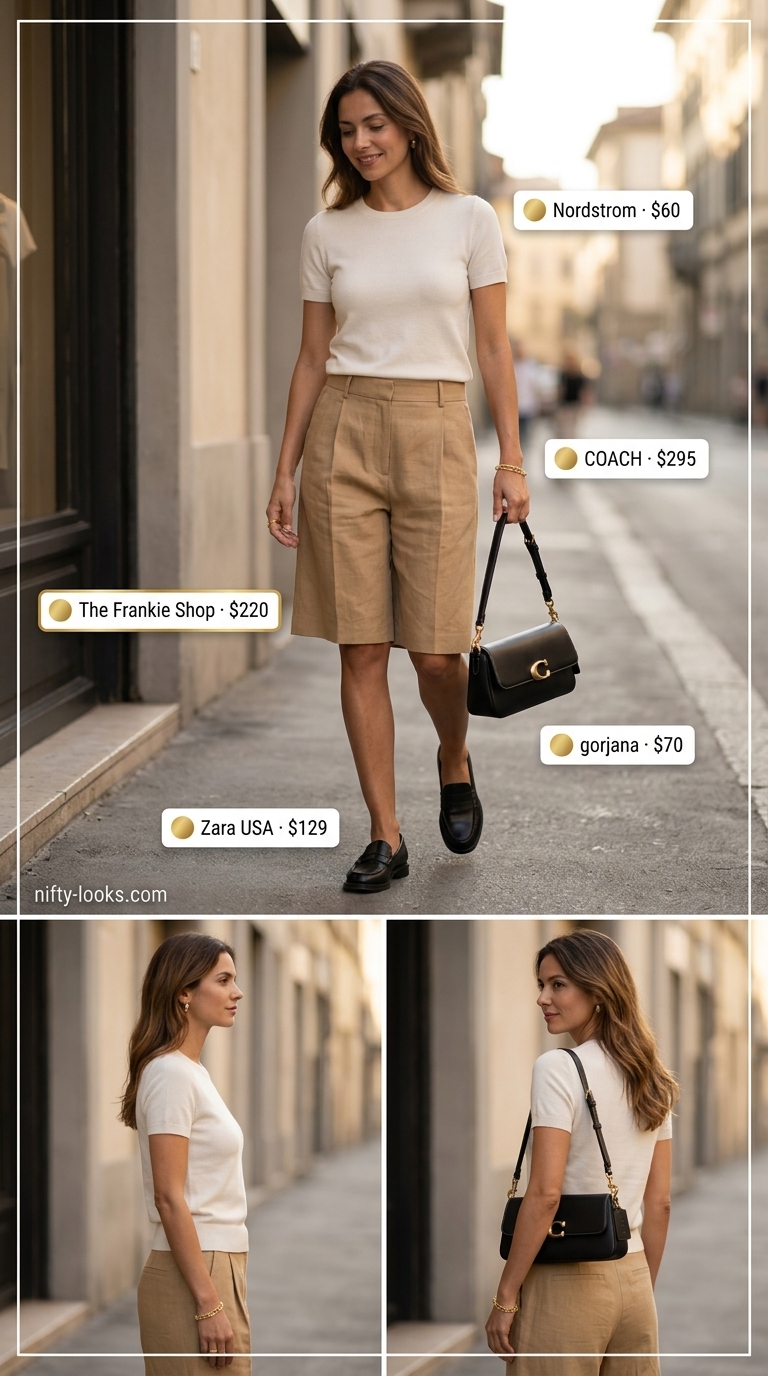 Casual Friday summer outfits for women 2026: Tan linen Bermuda shorts, cream knit top, black loafers, and structured bag.