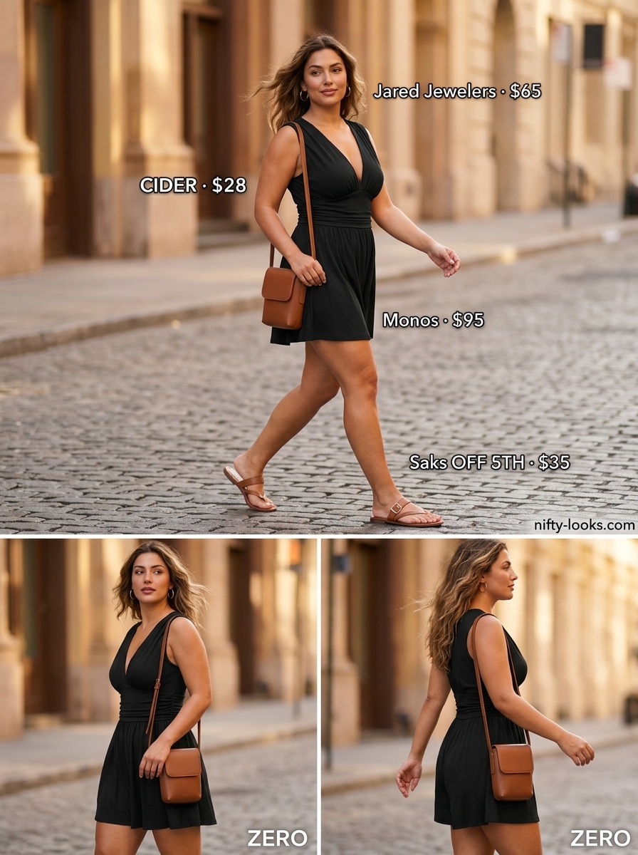 Casual Friday summer outfits for women 2026: Black romper with tan accessories, perfect for summer evenings.