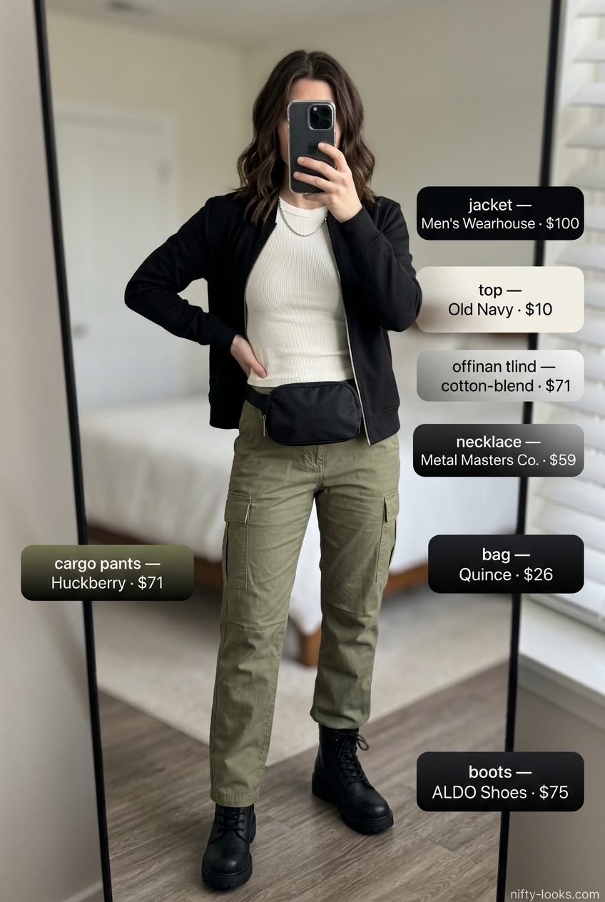 Casual Friday summer outfits for women 2026: Olive cargo pants, white tee, bomber jacket, and combat boots.