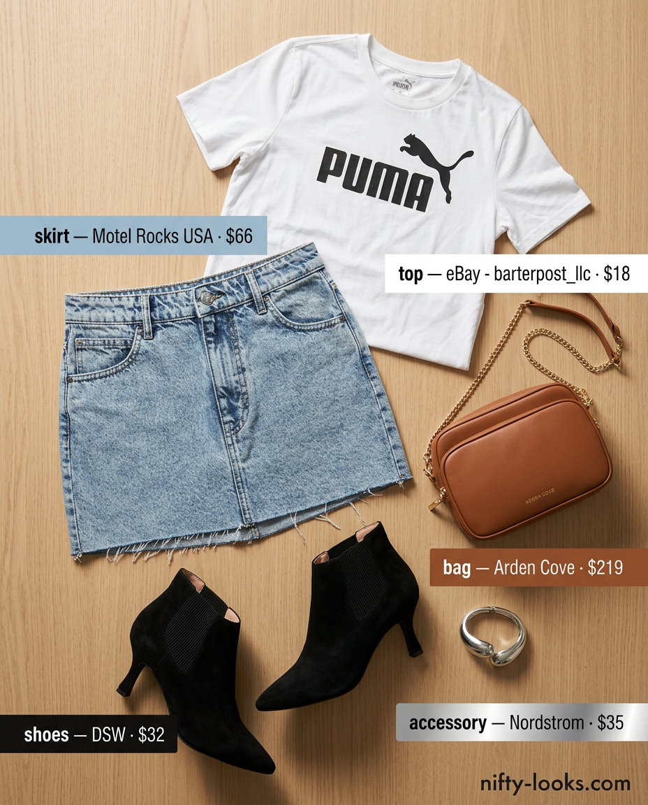 Casual Friday summer outfits for women 2026: Denim mini skirt, white graphic tee, ankle boots, and crossbody bag.