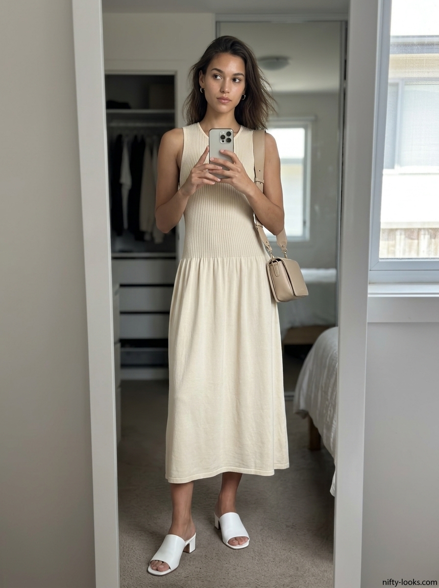 Casual Friday summer outfits for women 2026: Beige knit midi dress with block heel mules and crossbody bag.
