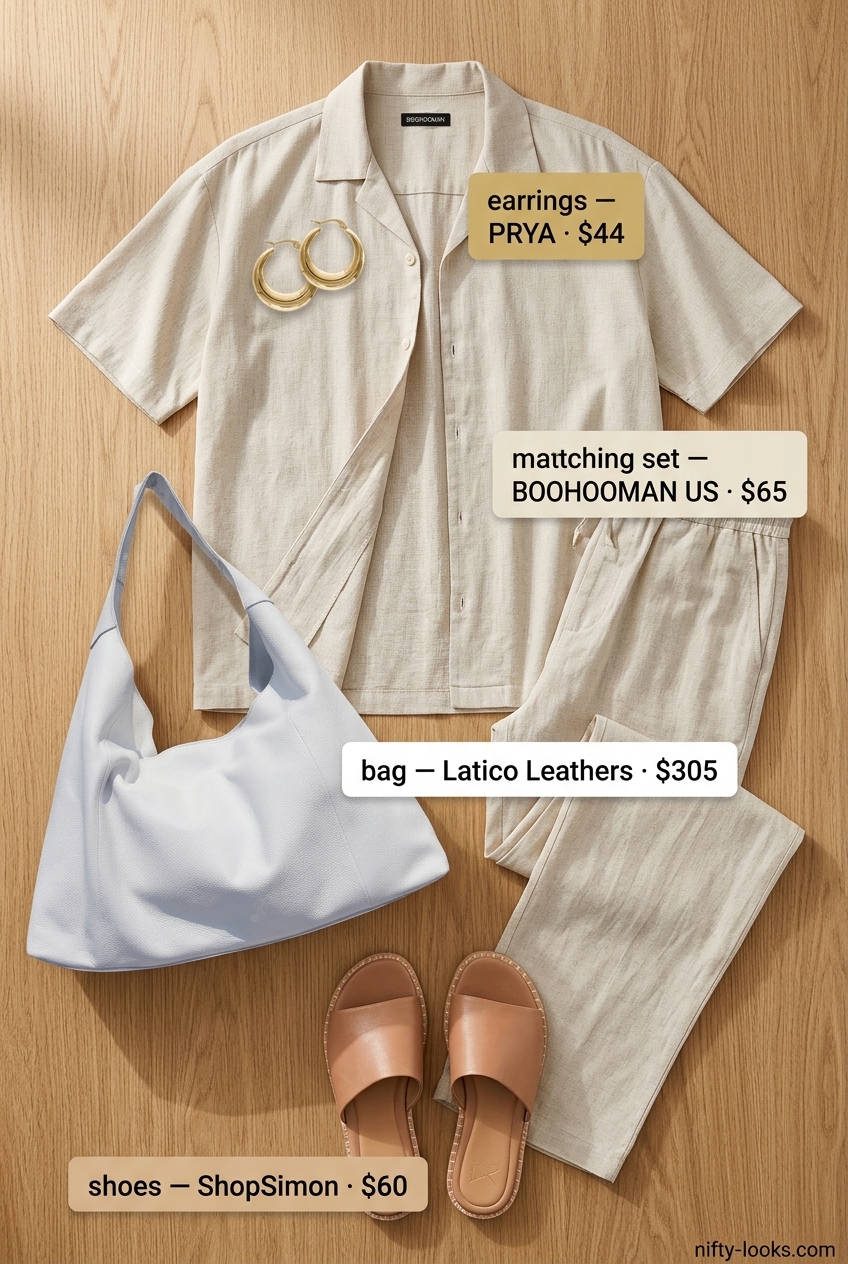 Casual Friday summer outfits for women 2026: Cream linen set with wide-leg pants and oversized shirt. Perfect for brunch.