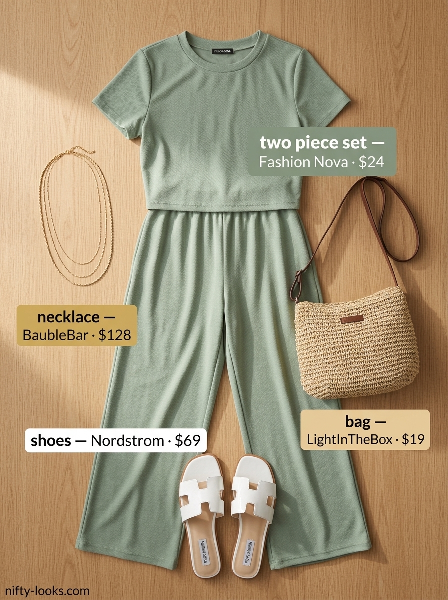 Casual Friday summer outfits for women 2026: Sage green linen matching set with crop top and wide-leg pants.