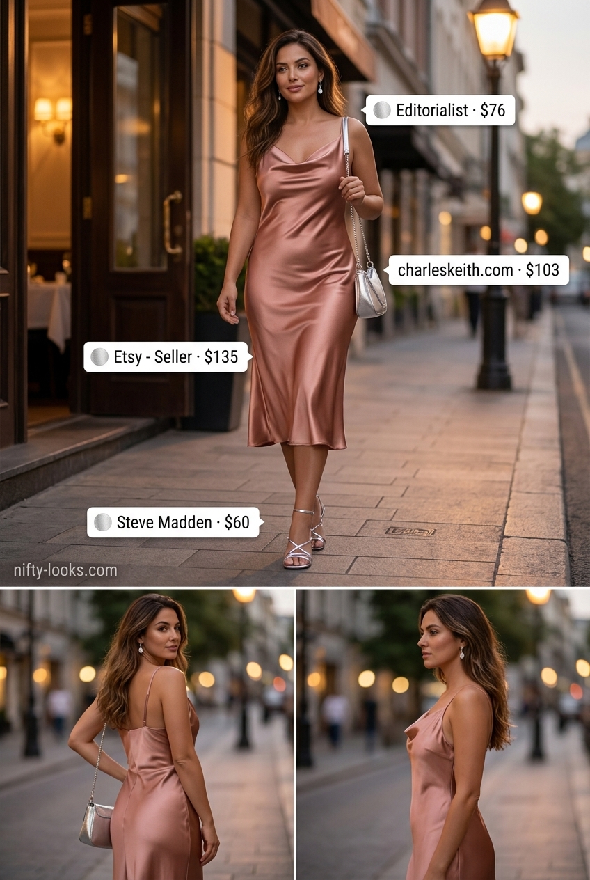 Casual Friday summer outfits for women 2026: Blush pink slip dress with silver heeled sandals for an elegant evening.