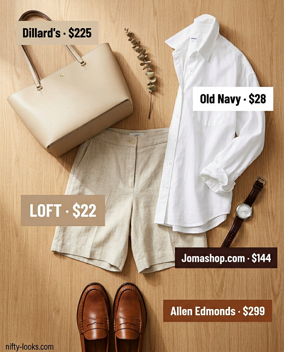 Casual Friday summer outfits for women 2026: Beige Bermuda shorts, white oversized shirt, leather loafers.