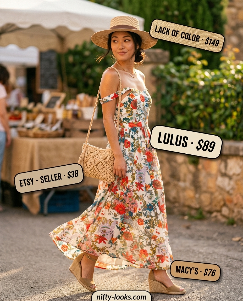 Casual Friday summer outfit for women 2026: Boho maxi dress, straw hat, macrame bag & suede espadrilles.