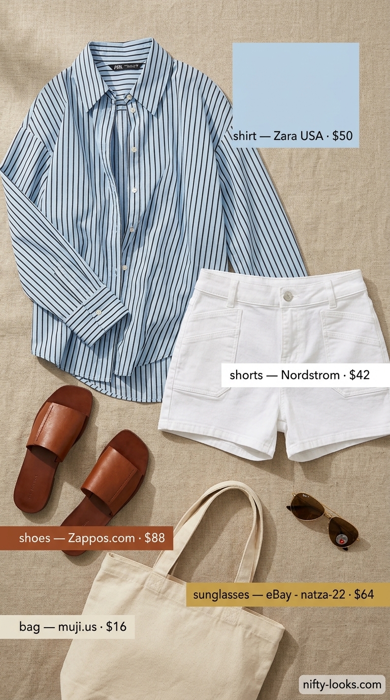 Casual Friday summer outfits for women 2026: Striped button-down, denim shorts, leather slides, canvas tote.
