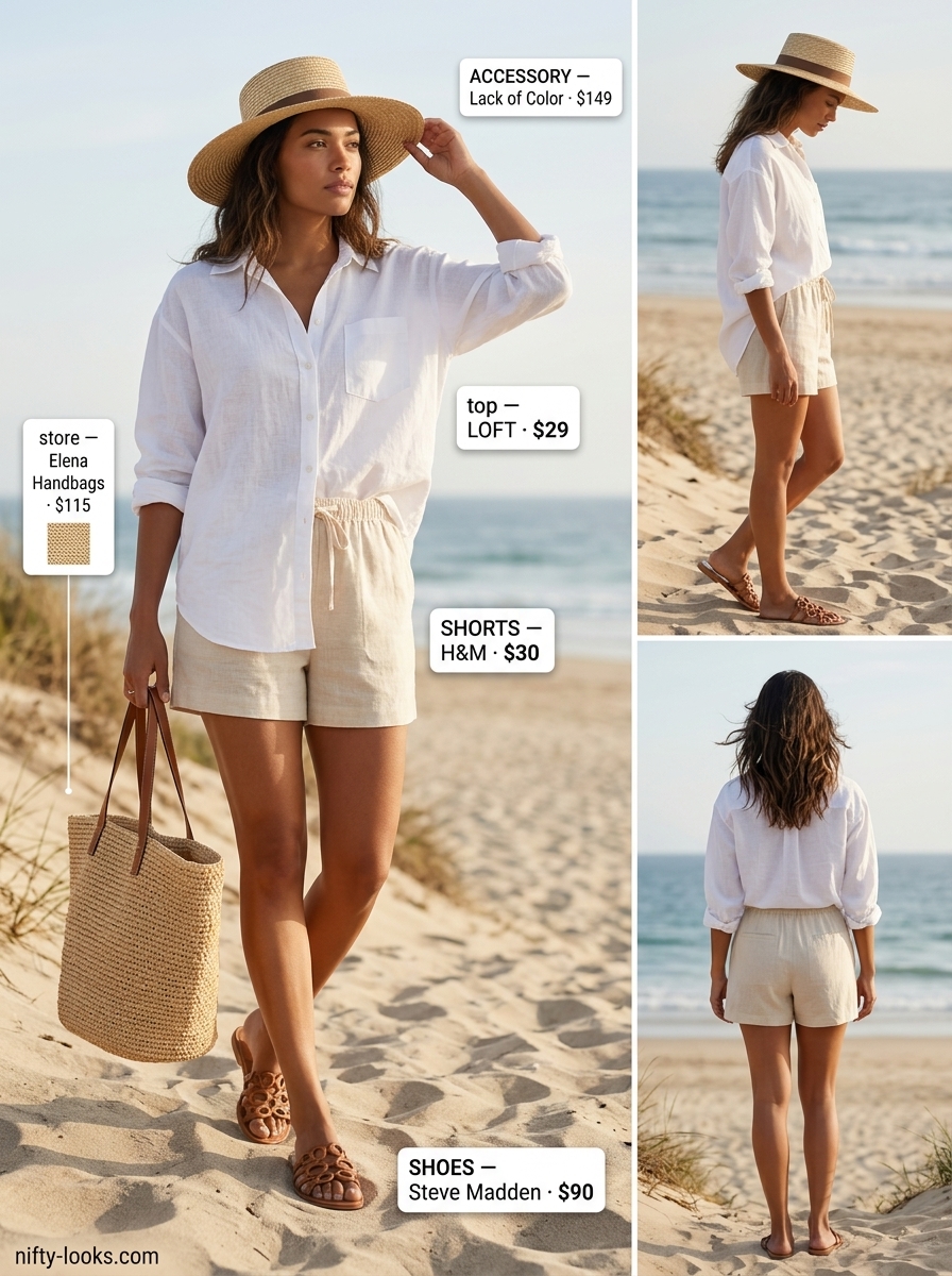 Casual Friday summer outfit for women 2026: Coastal linen shorts, oversized shirt, straw hat, tote & slides.