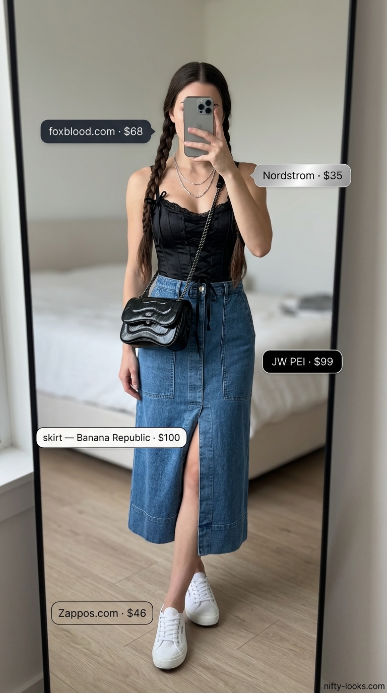 Casual Friday summer outfits for women 2026: Denim midi skirt, black corset top, white sneakers.