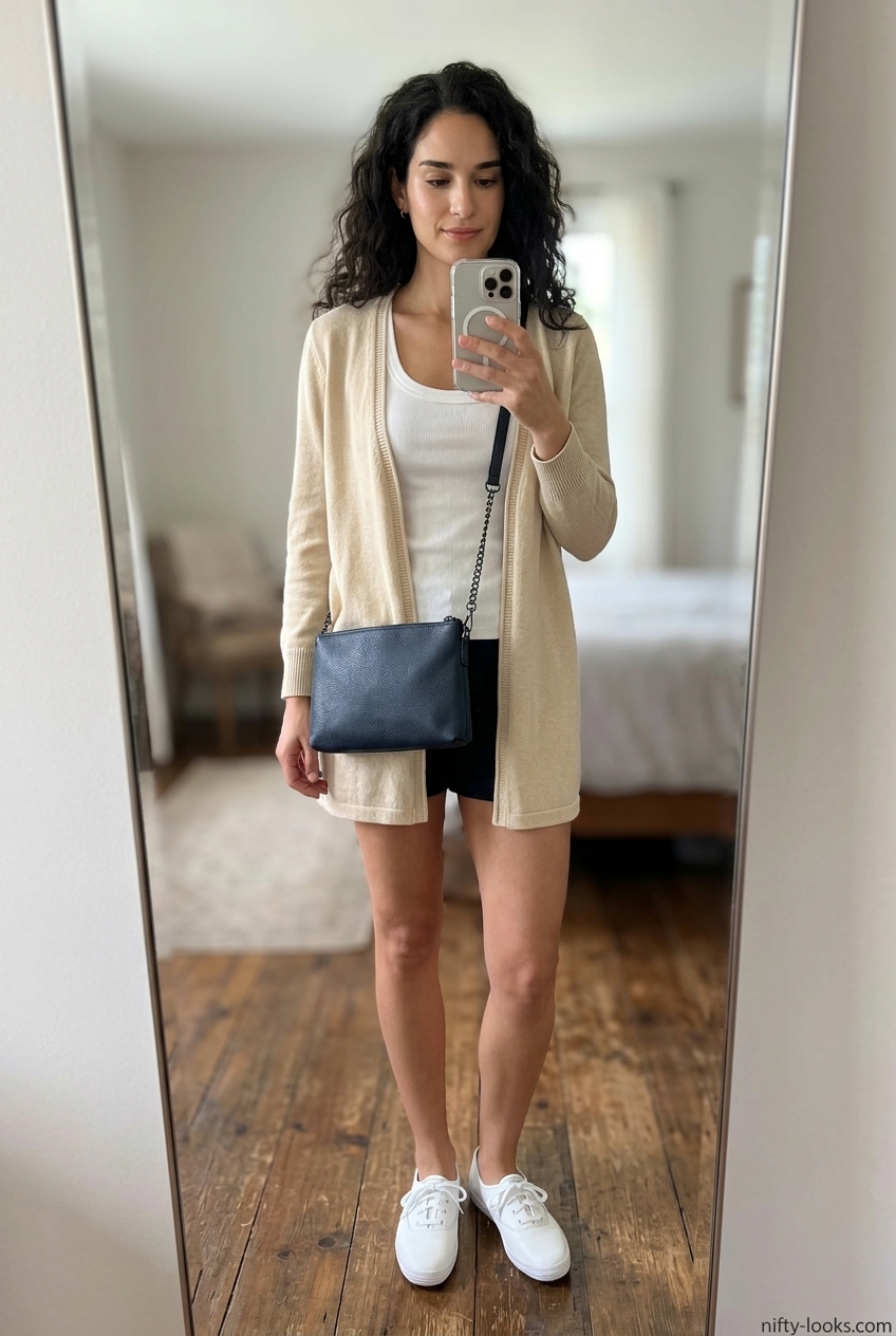 Casual Friday summer outfits for women 2026: Floral midi skirt, white tank, white sneakers, crossbody bag.