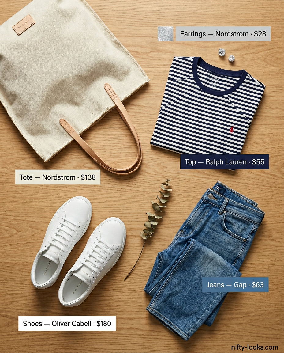 Casual Friday summer outfits for women 2026: Light wash jeans, striped tee, white sneakers, canvas tote.