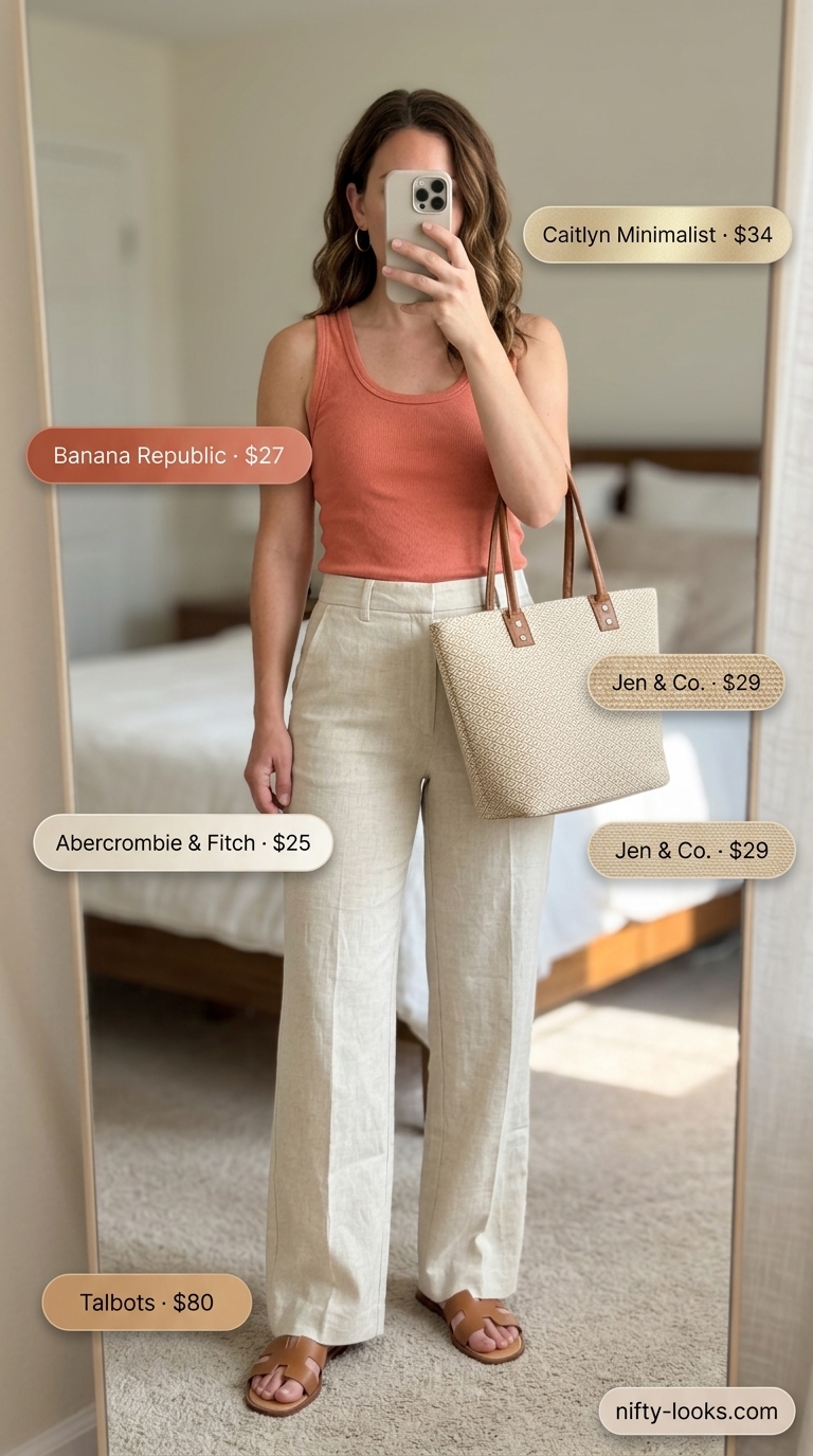 Casual Friday summer outfit for women 2026: Cream linen pants, terracotta tank, straw tote, and tan slides.