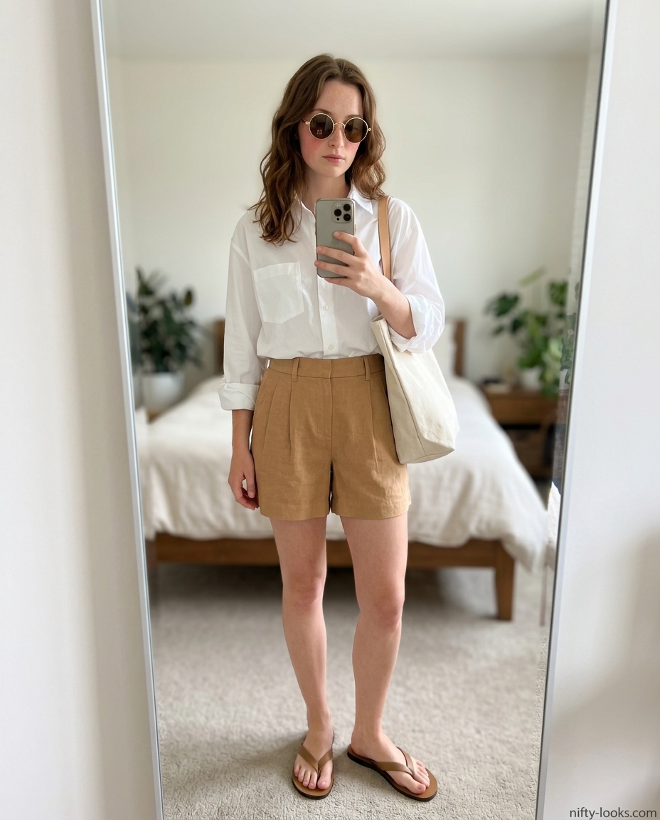 Casual Friday summer outfits for women 2026: Beige linen shorts, white oversized shirt, tan sandals.