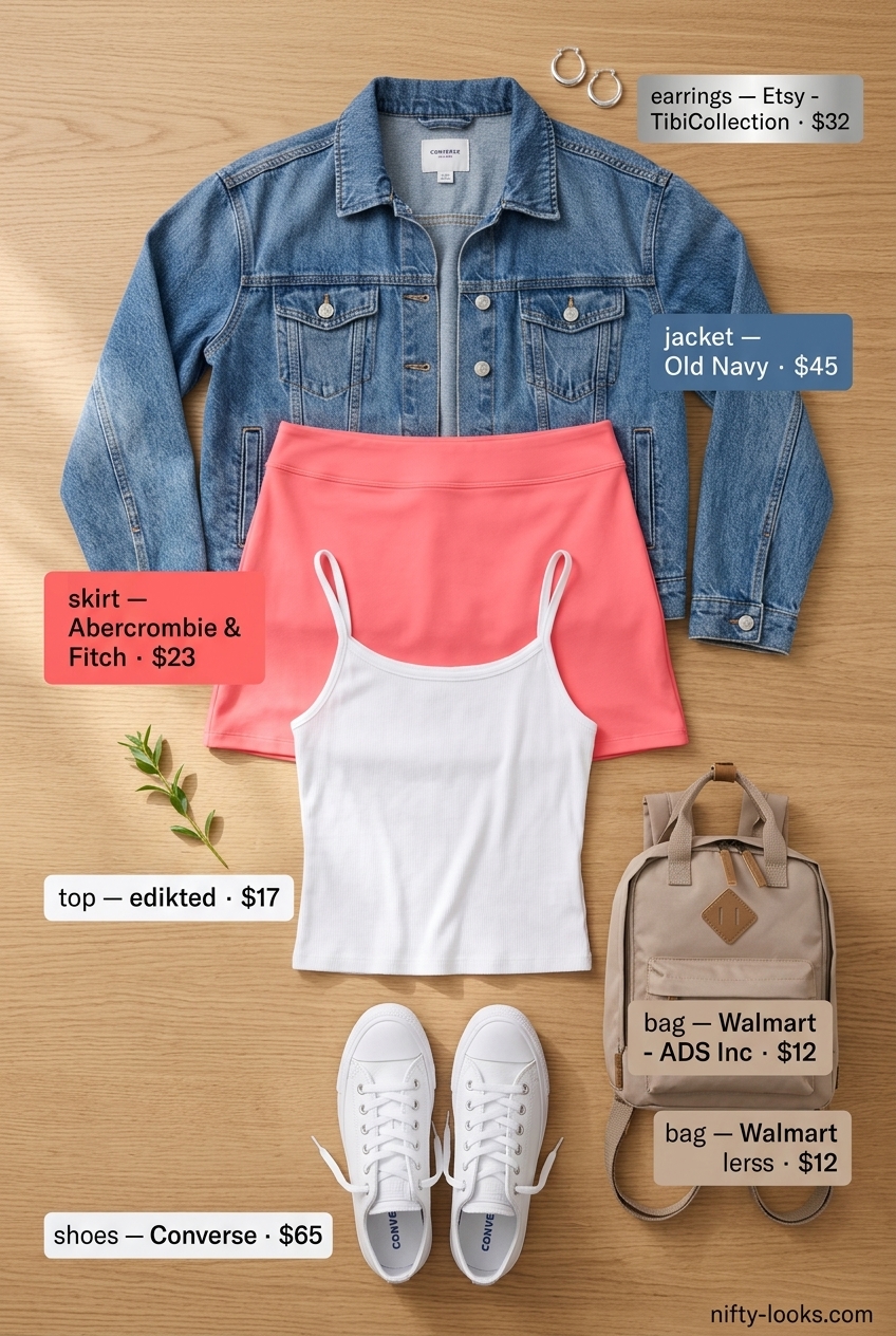 Casual Friday summer outfits for women 2026: Coral mini skirt, white tank, denim jacket, sneakers.