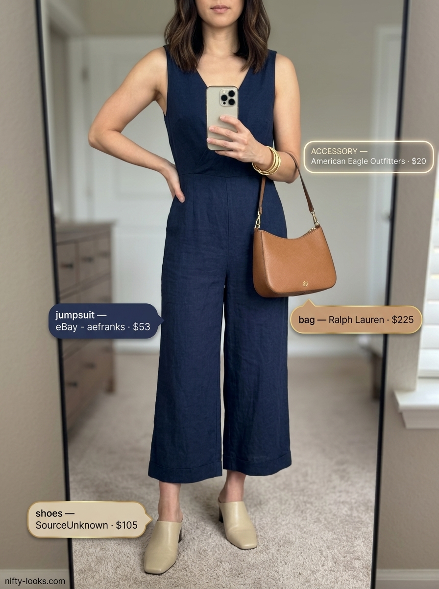 Casual Friday summer outfits for women 2026: Navy wide-leg jumpsuit, block heel mules, leather shoulder bag.