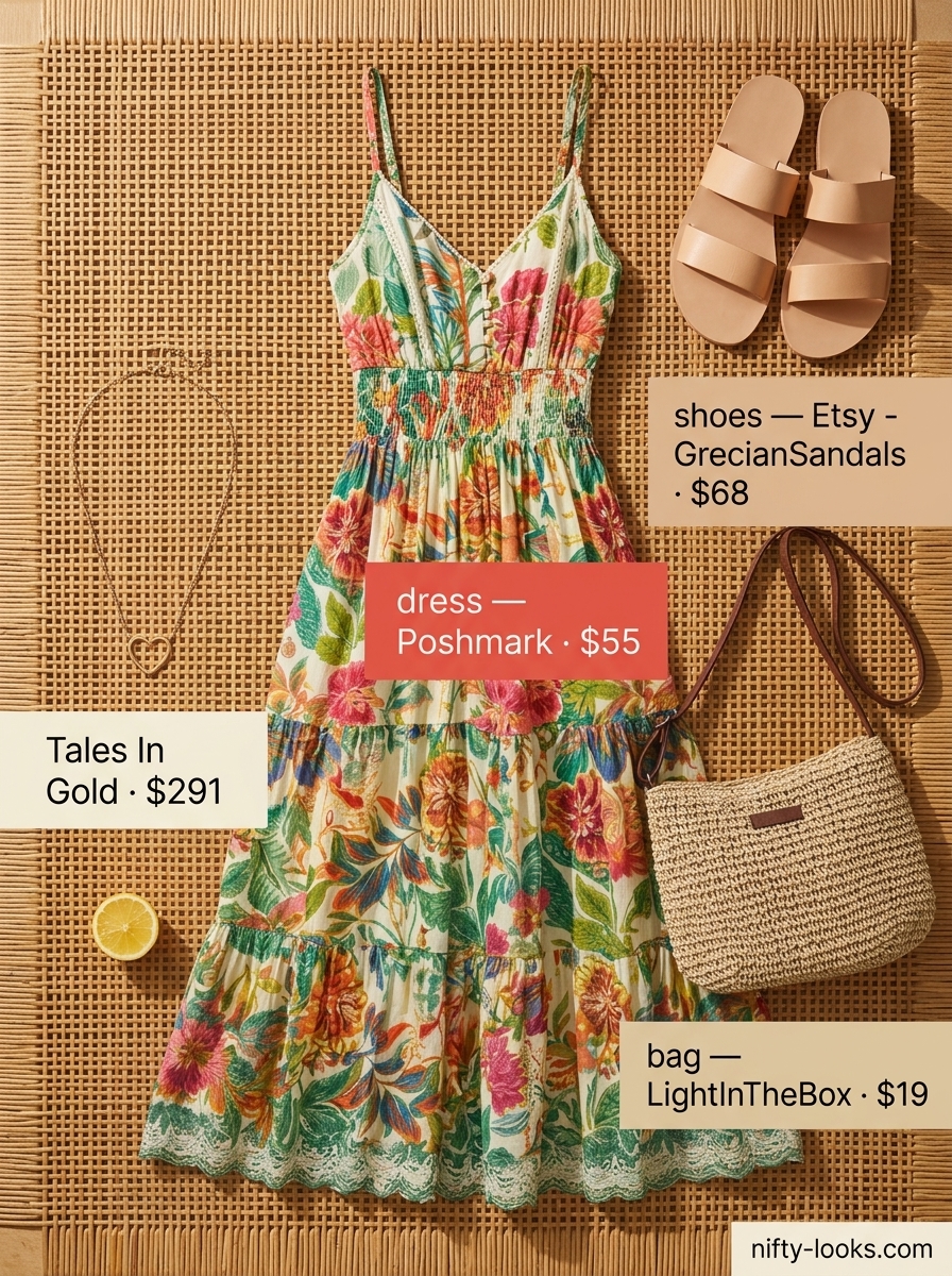 Casual Friday summer outfit for women 2026: Flowy floral maxi dress, straw bag, leather slides & gold necklace.
