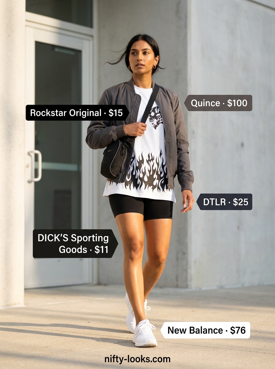 Casual Friday summer outfit for women 2026: Athleisure look with biker shorts, graphic tee, bomber jacket & sneakers.