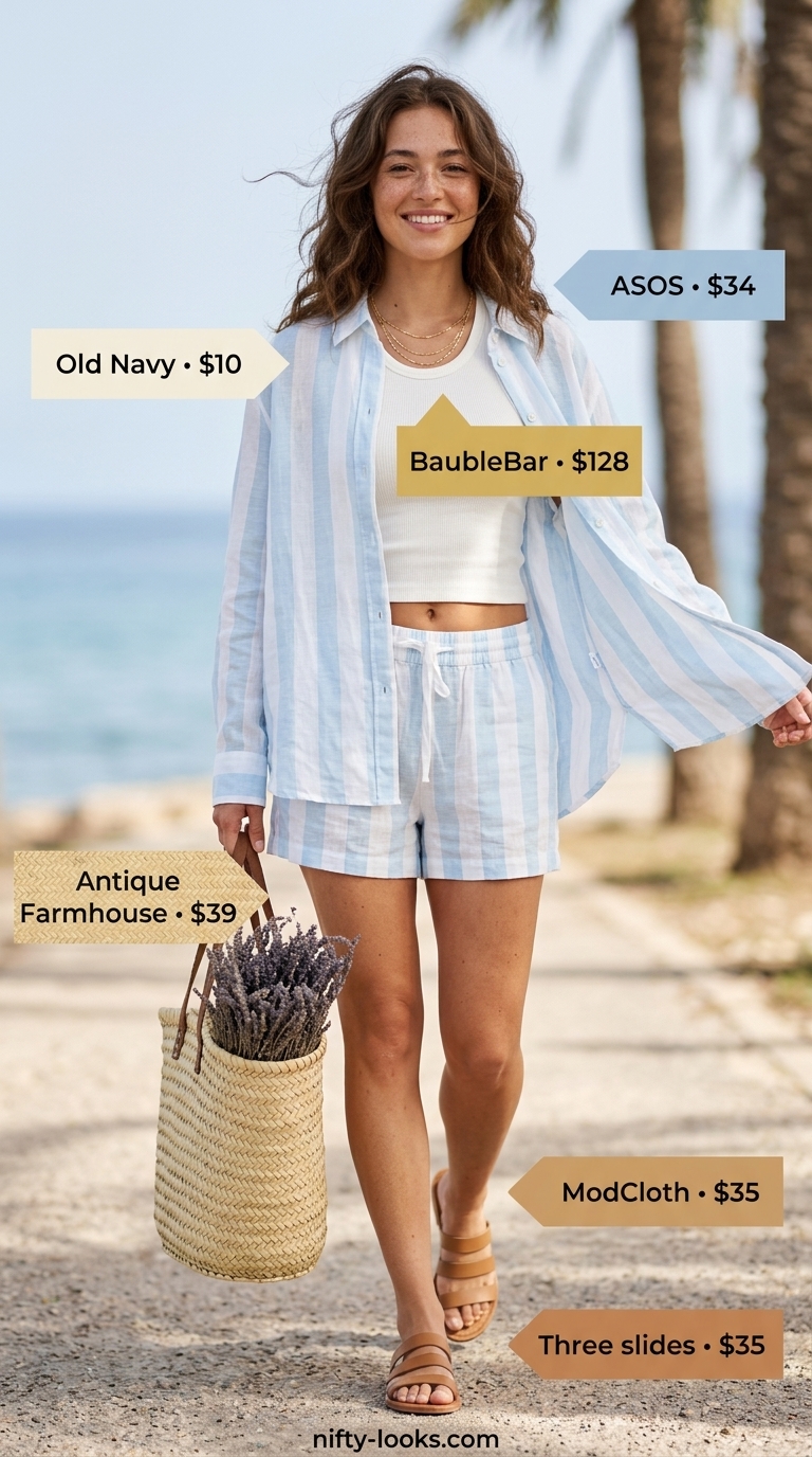 Casual Friday summer outfit for women 2026: Chic linen set, ribbed tank, gold necklaces, slide sandals & straw tote.