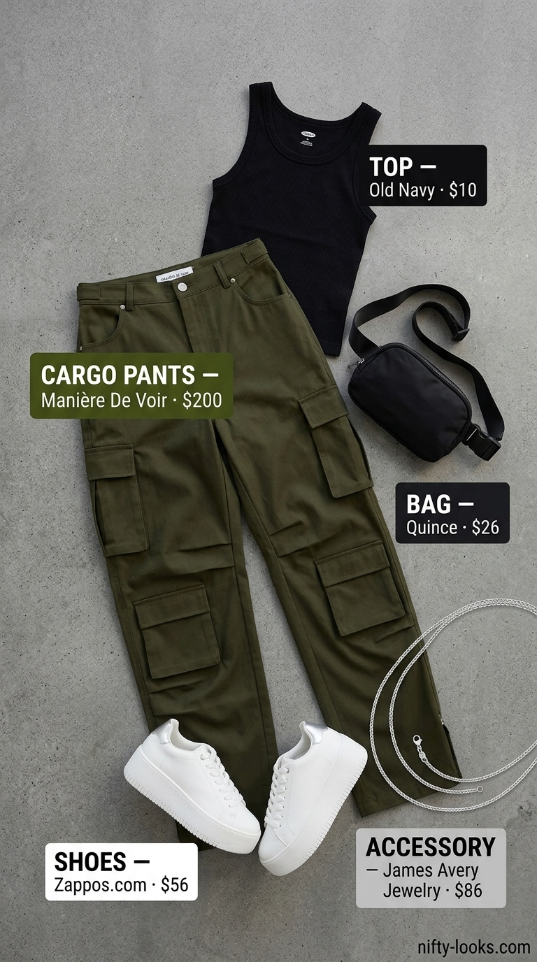 Casual Friday summer outfit for women 2026: Edgy cargo pants, knit tank, sneakers, chain necklace & crossbody bag.